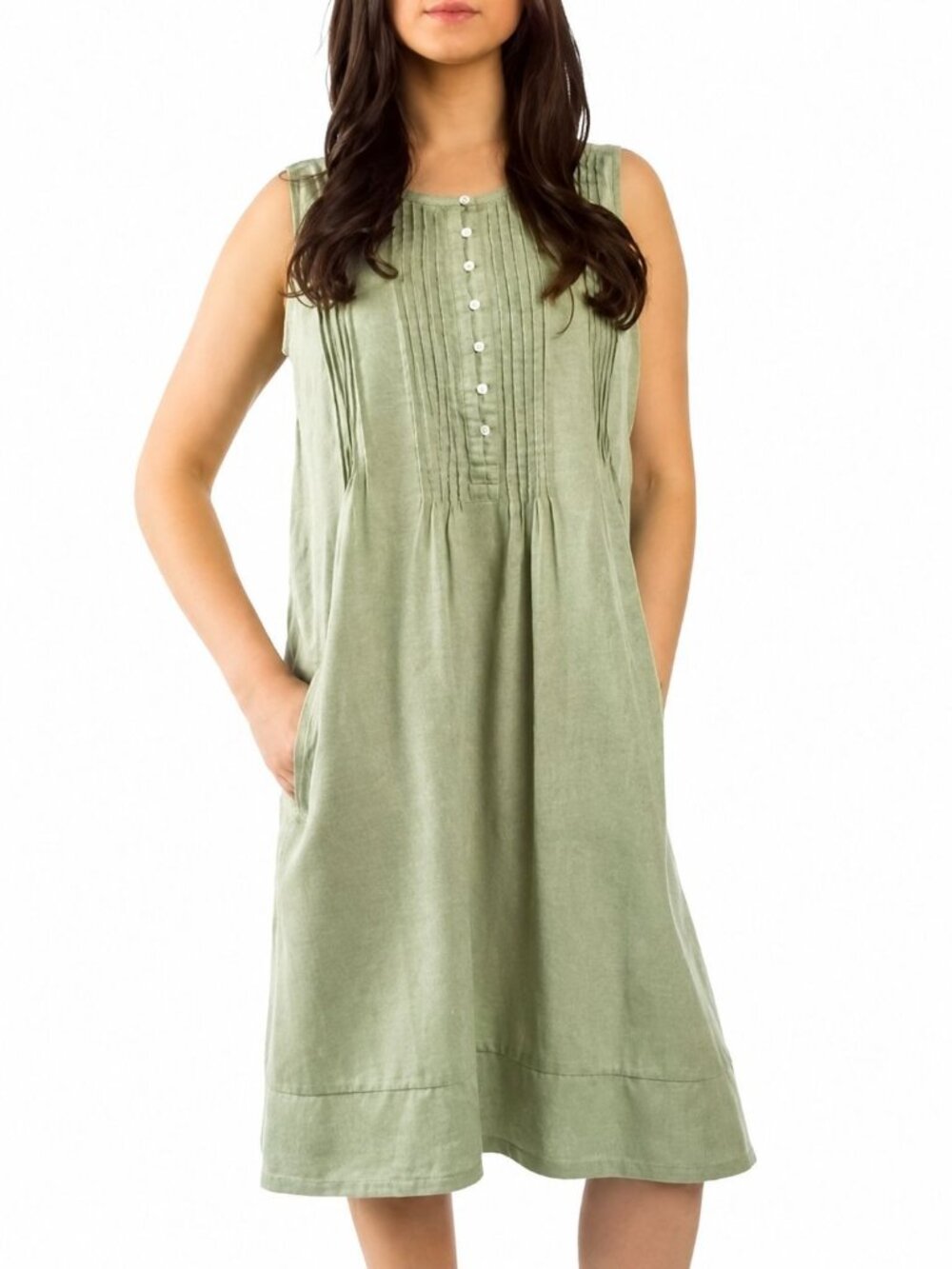Coldwater Creek Sleeveless Green TENCEL Dress With Button Front & Pintuck Detail